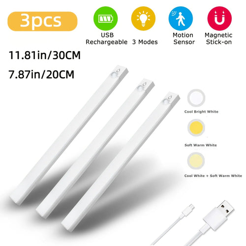 3pcs LED Motion Sensor - Dimmable Cabinet Lights, USB Rechargeable,3Color Modes,Night Light, for Bedroom,Staircase, Kitchen,Room - Velvet Haven