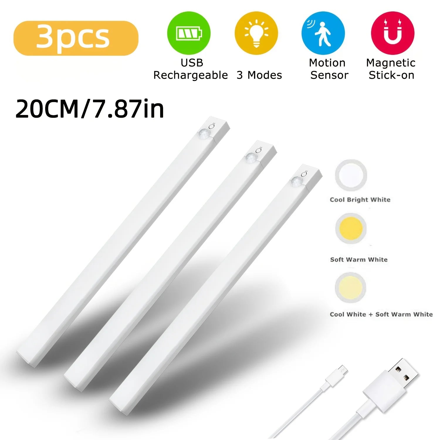 3pcs LED Motion Sensor - Dimmable Cabinet Lights, USB Rechargeable,3Color Modes,Night Light, for Bedroom,Staircase, Kitchen,Room - Velvet Haven