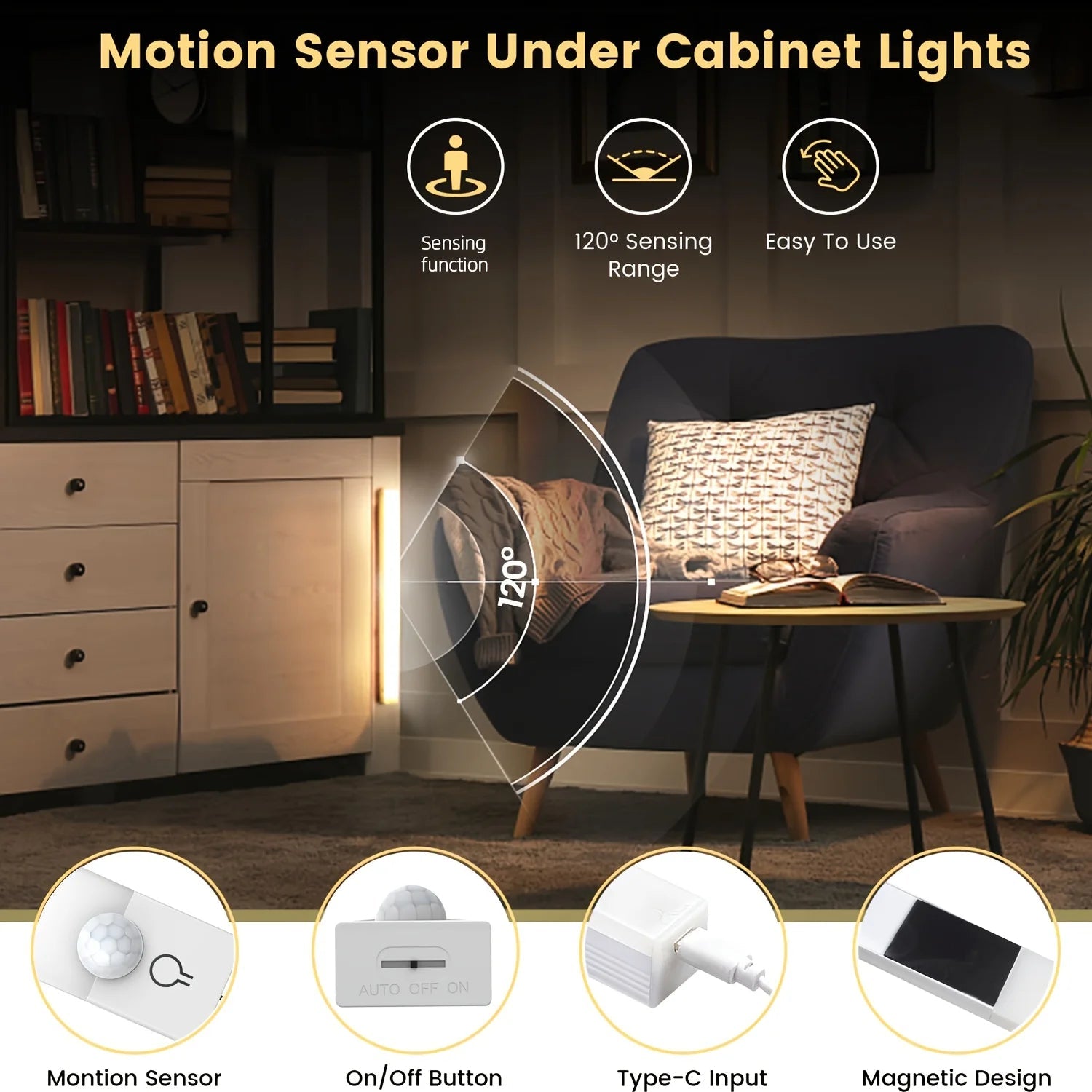 3pcs LED Motion Sensor - Dimmable Cabinet Lights, USB Rechargeable,3Color Modes,Night Light, for Bedroom,Staircase, Kitchen,Room - Velvet Haven