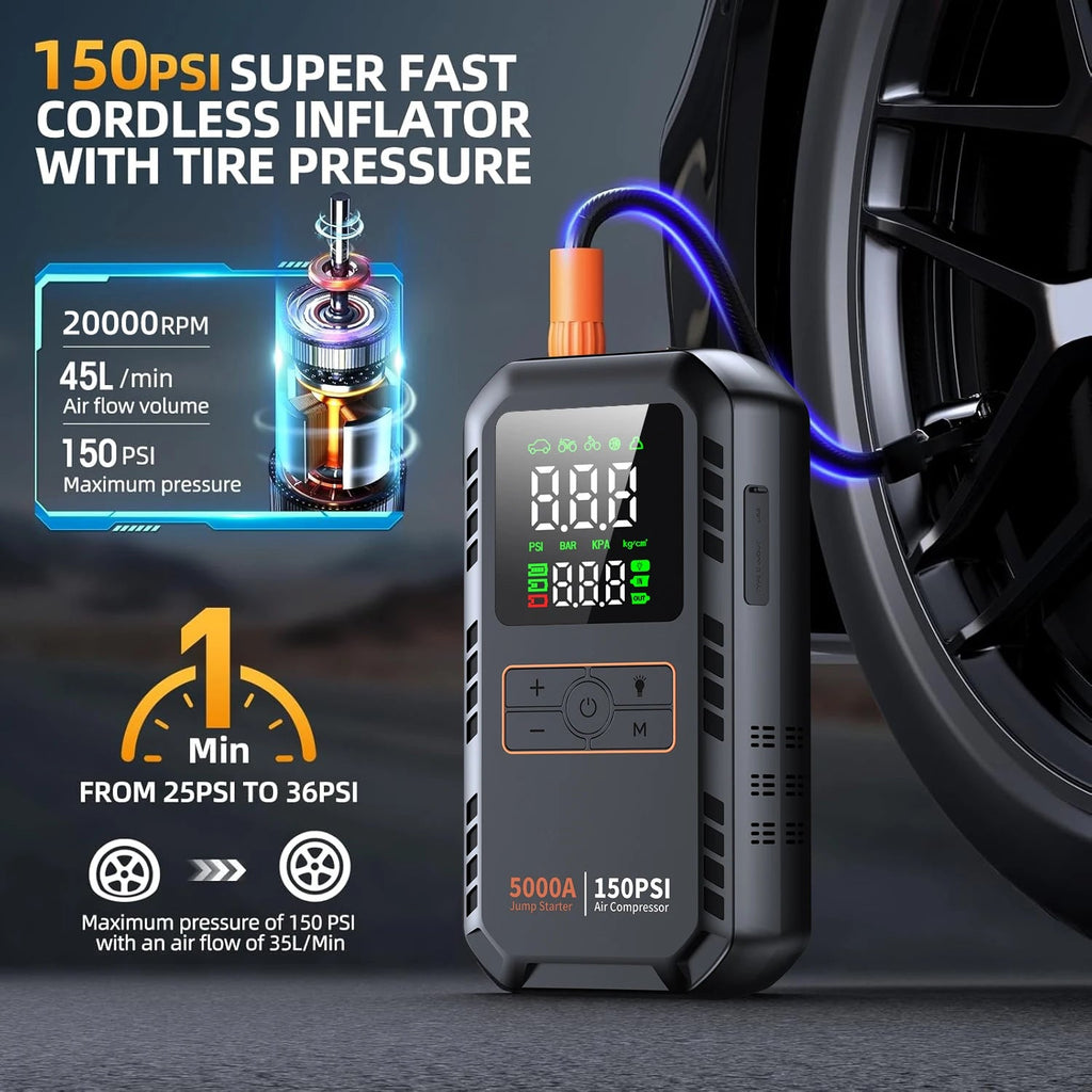 4-in-1 5000A Car Jump Starter with 150 PSI Tire Inflator & Power Bank - Velvet Haven