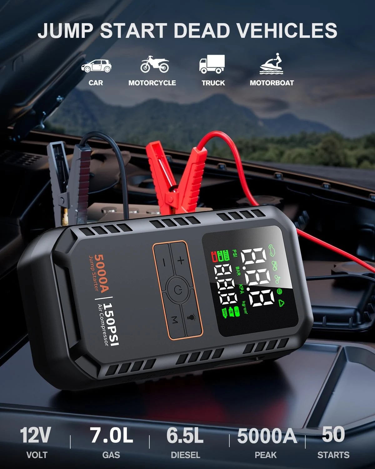 4-in-1 5000A Car Jump Starter with 150 PSI Tire Inflator & Power Bank - Velvet Haven