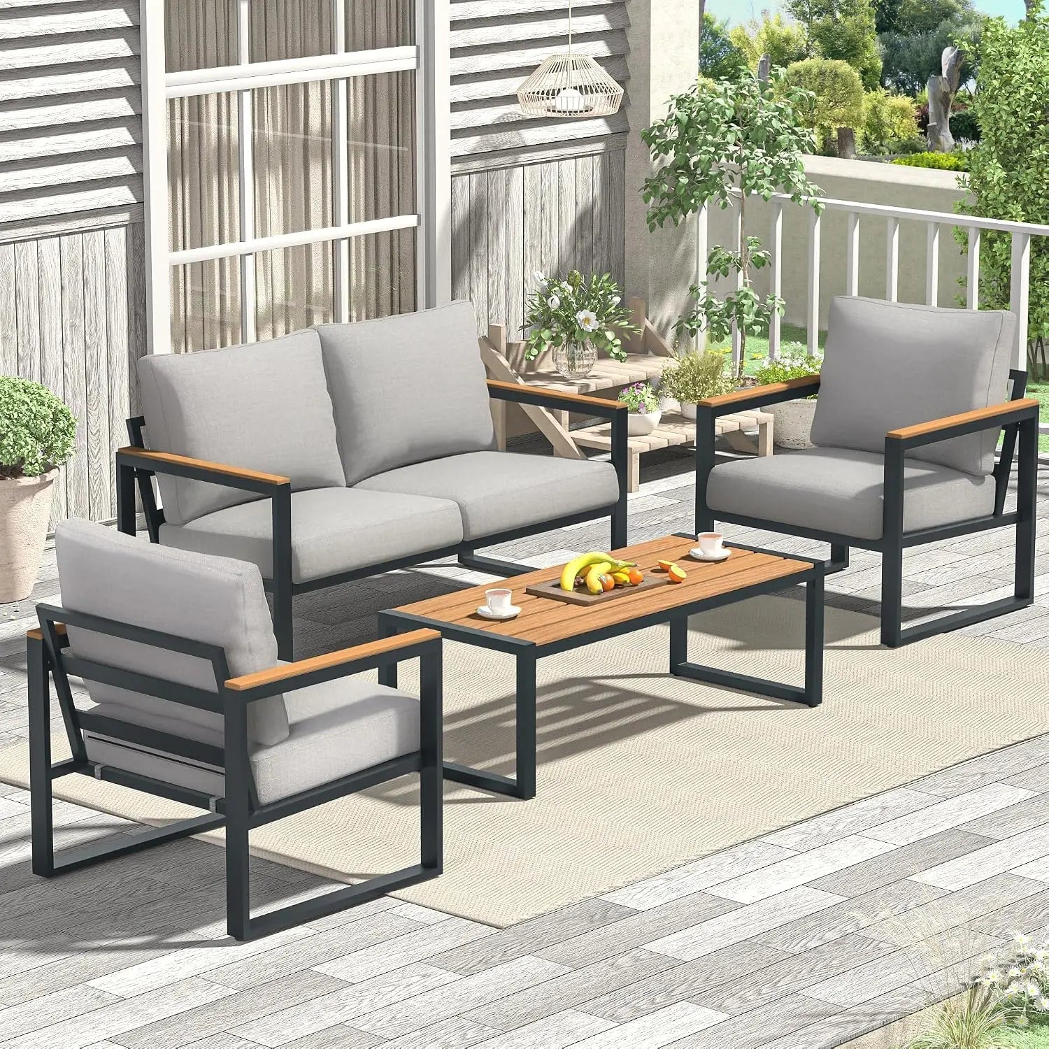 4-Piece Grey Metal Patio Furniture Set with Coffee Table - Velvet Haven