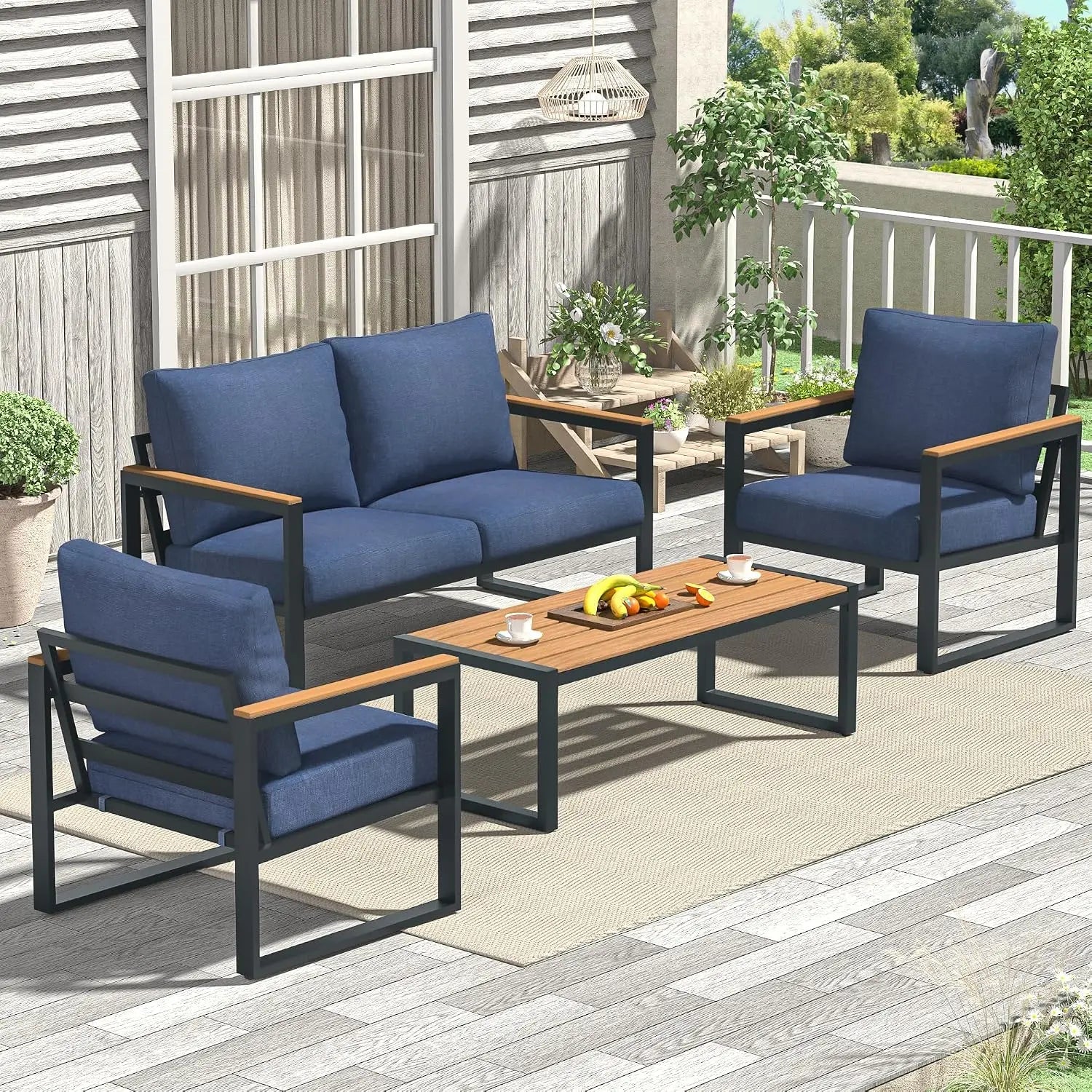 4-Piece Grey Metal Patio Furniture Set with Coffee Table - Velvet Haven