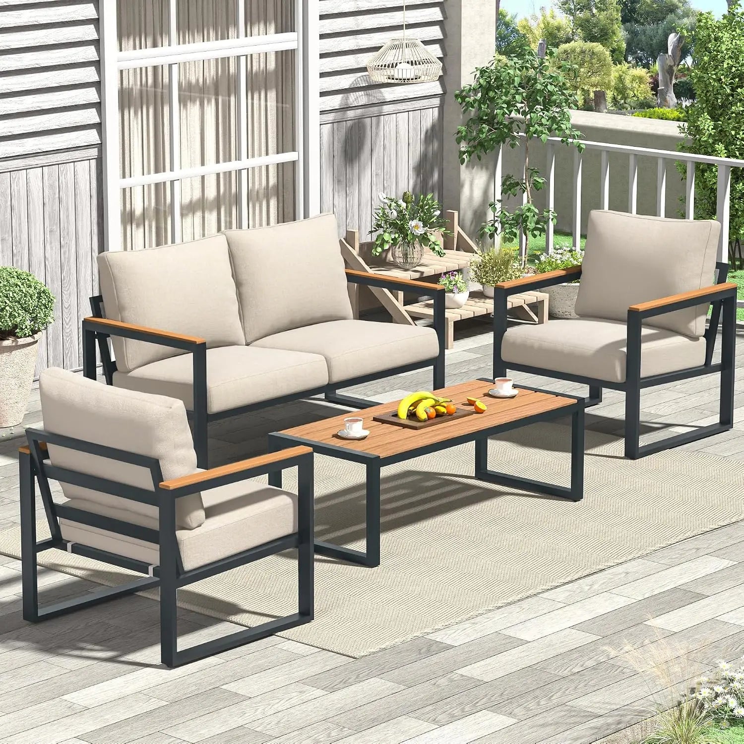 4-Piece Grey Metal Patio Furniture Set with Coffee Table - Velvet Haven
