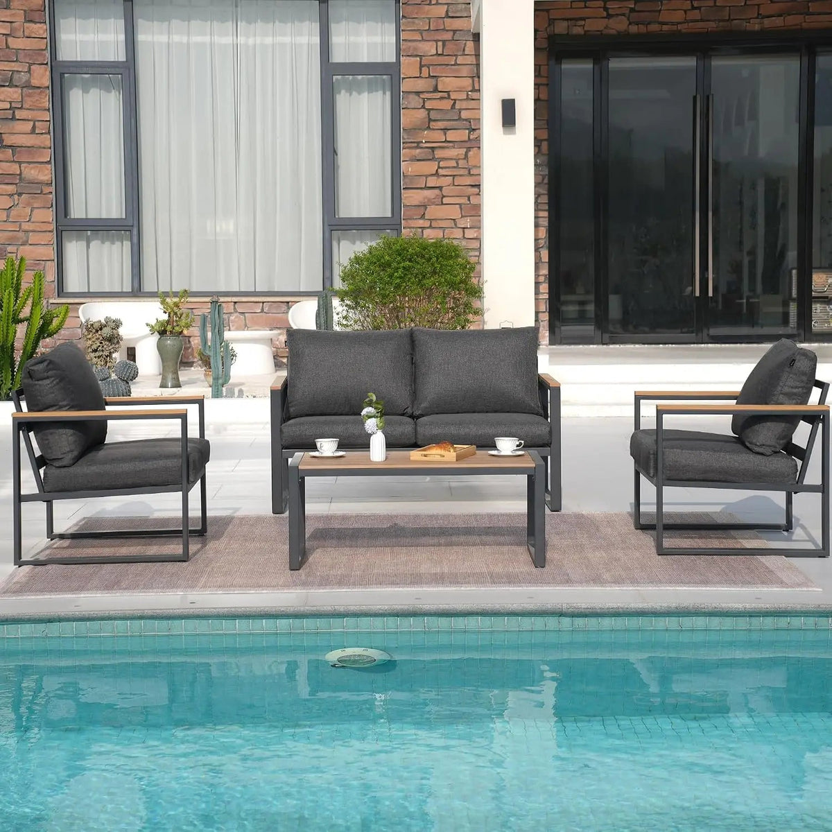 4-Piece Grey Metal Patio Furniture Set with Coffee Table - Velvet Haven