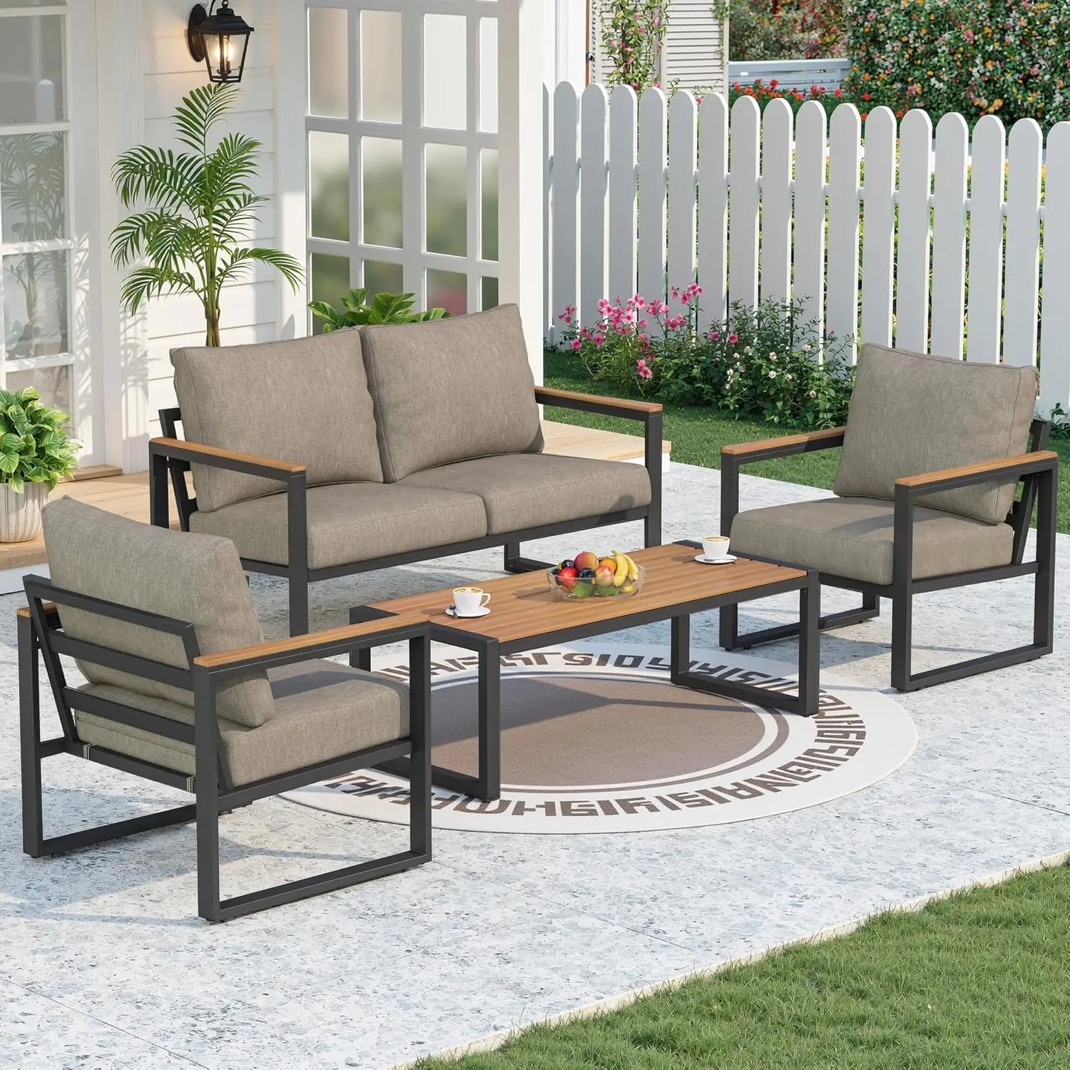 4-Piece Grey Metal Patio Furniture Set with Coffee Table - Velvet Haven
