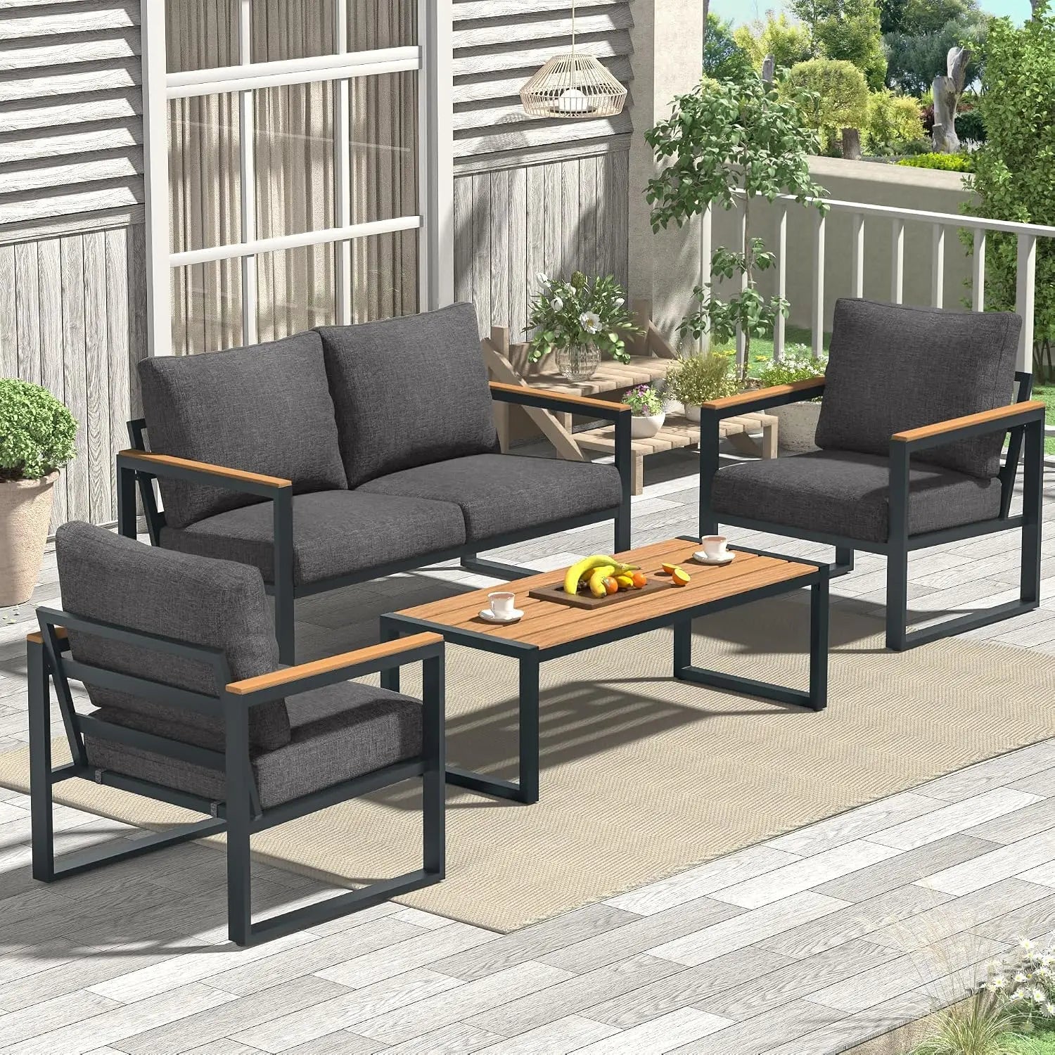 4-Piece Grey Metal Patio Furniture Set with Coffee Table - Velvet Haven