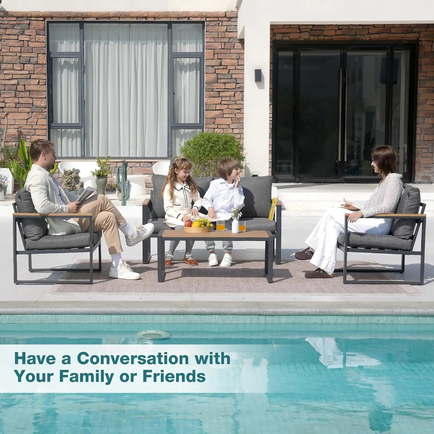 4-Piece Grey Metal Patio Furniture Set with Coffee Table - Velvet Haven