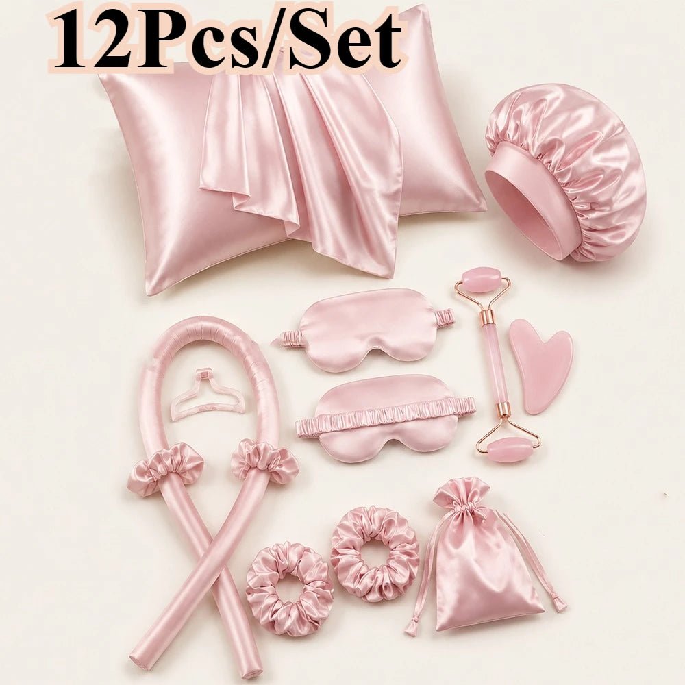 4/12-Piece Heatless Curling Kit with Sleep Mask & Shower Cap - Velvet Haven