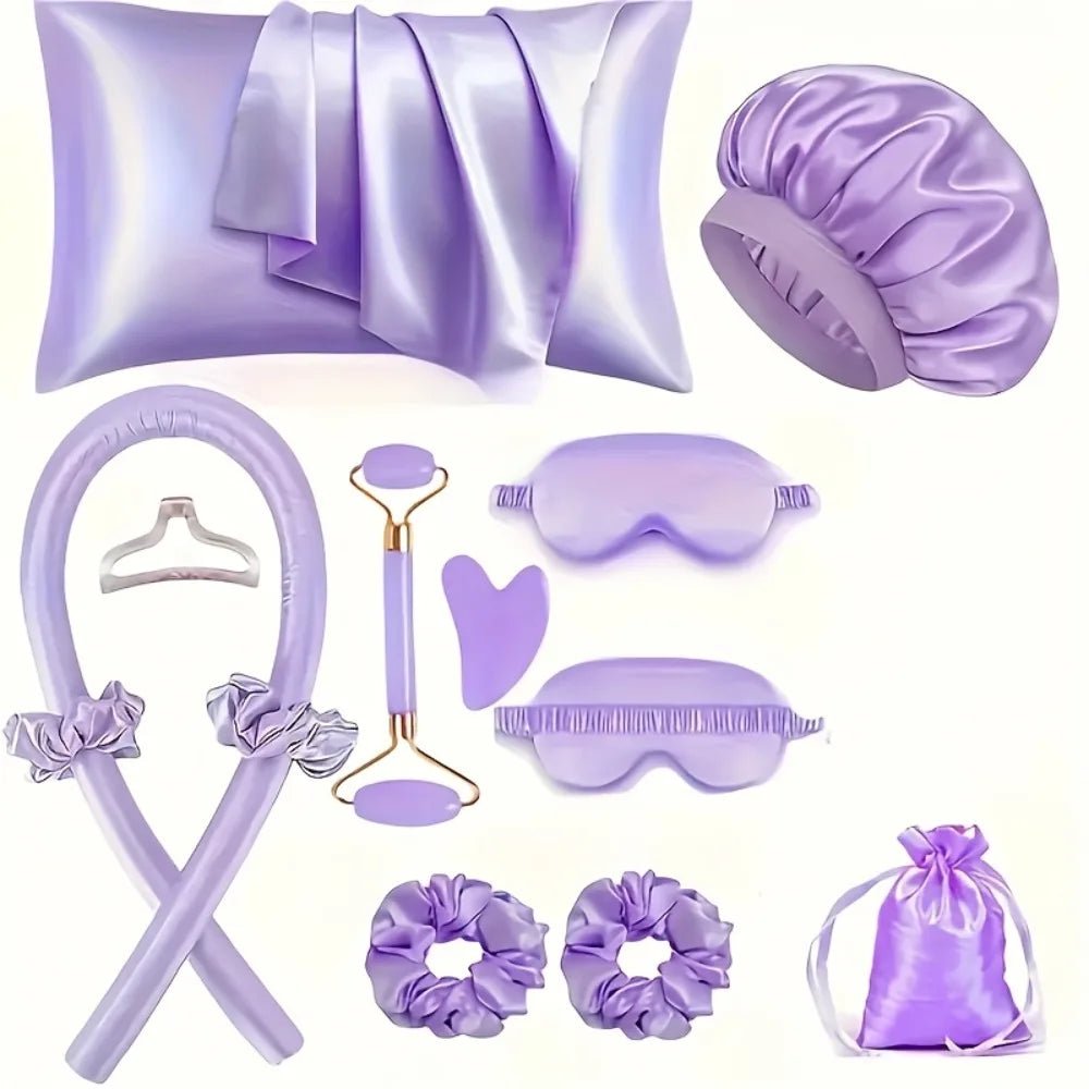4/12-Piece Heatless Curling Kit with Sleep Mask & Shower Cap - Velvet Haven