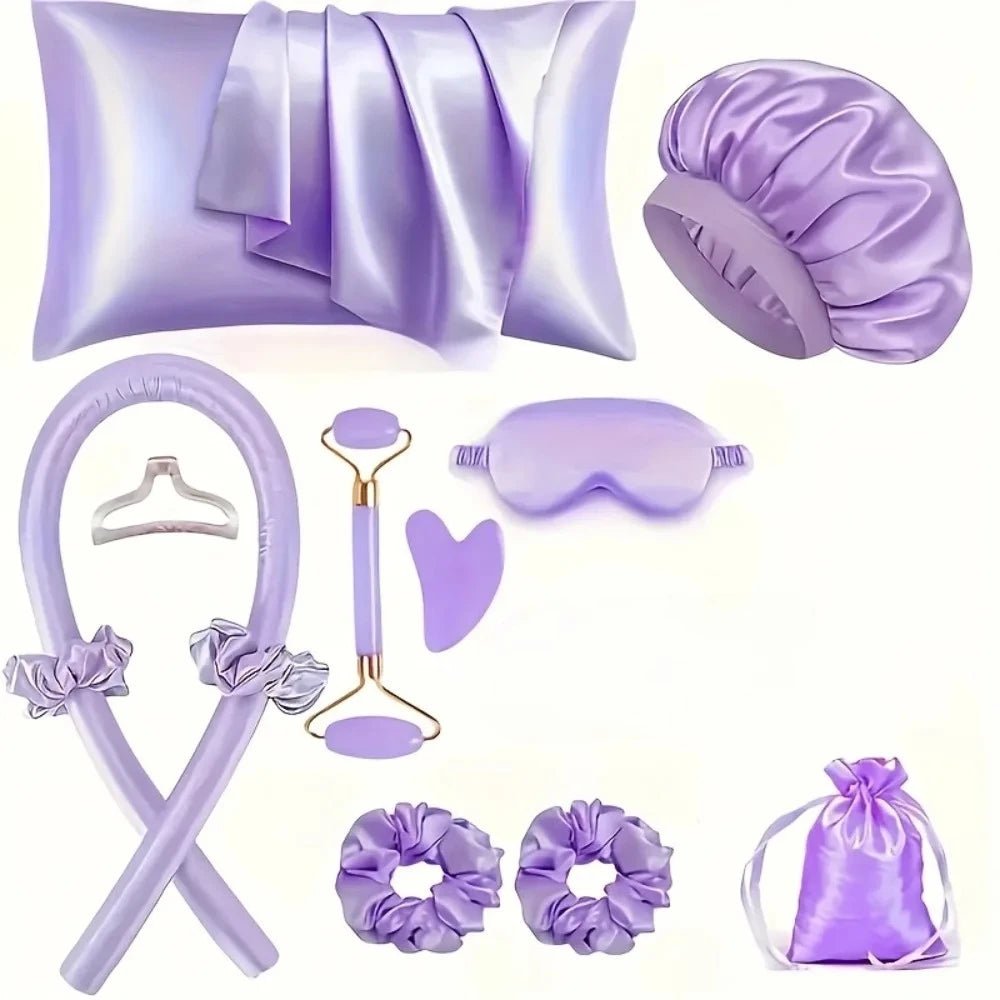 4/12-Piece Heatless Curling Kit with Sleep Mask & Shower Cap - Velvet Haven