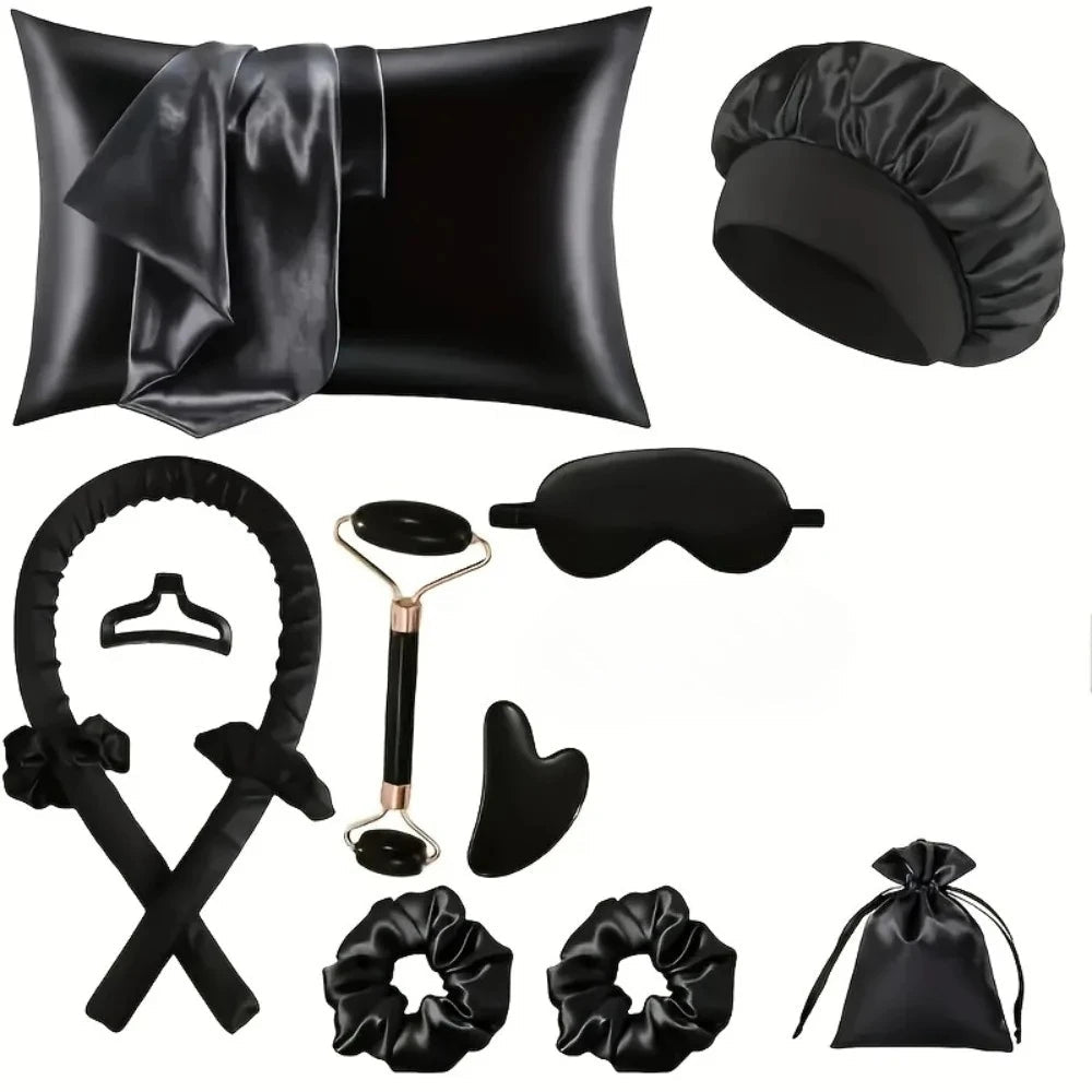 4/12-Piece Heatless Curling Kit with Sleep Mask & Shower Cap - Velvet Haven