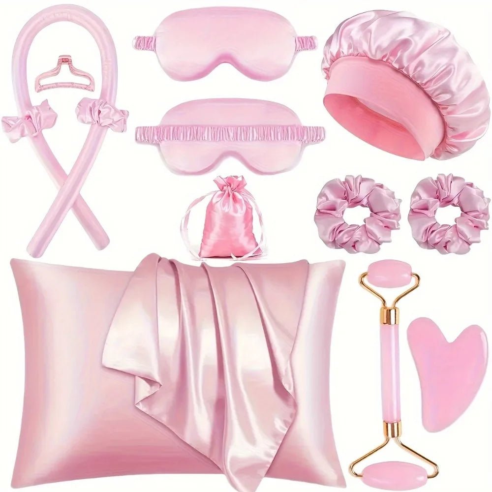 4/12-Piece Heatless Curling Kit with Sleep Mask & Shower Cap - Velvet Haven