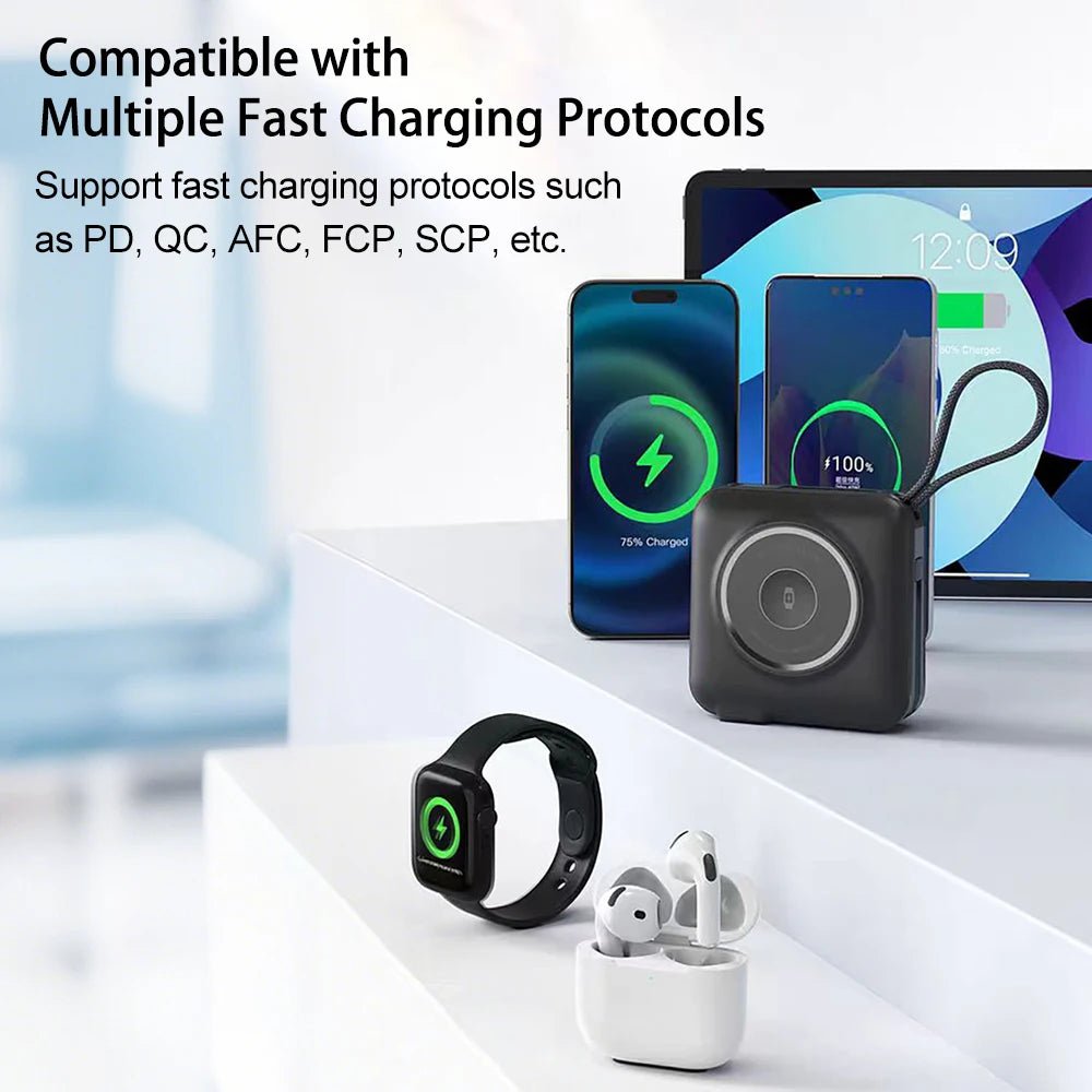 5 in 1 Magnetic Wireless PowerBank Type-C 45W Fast Charging With Dual Cables AC Plug for iPhone 12-17 Android Airpods 15000mAh - Velvet Haven