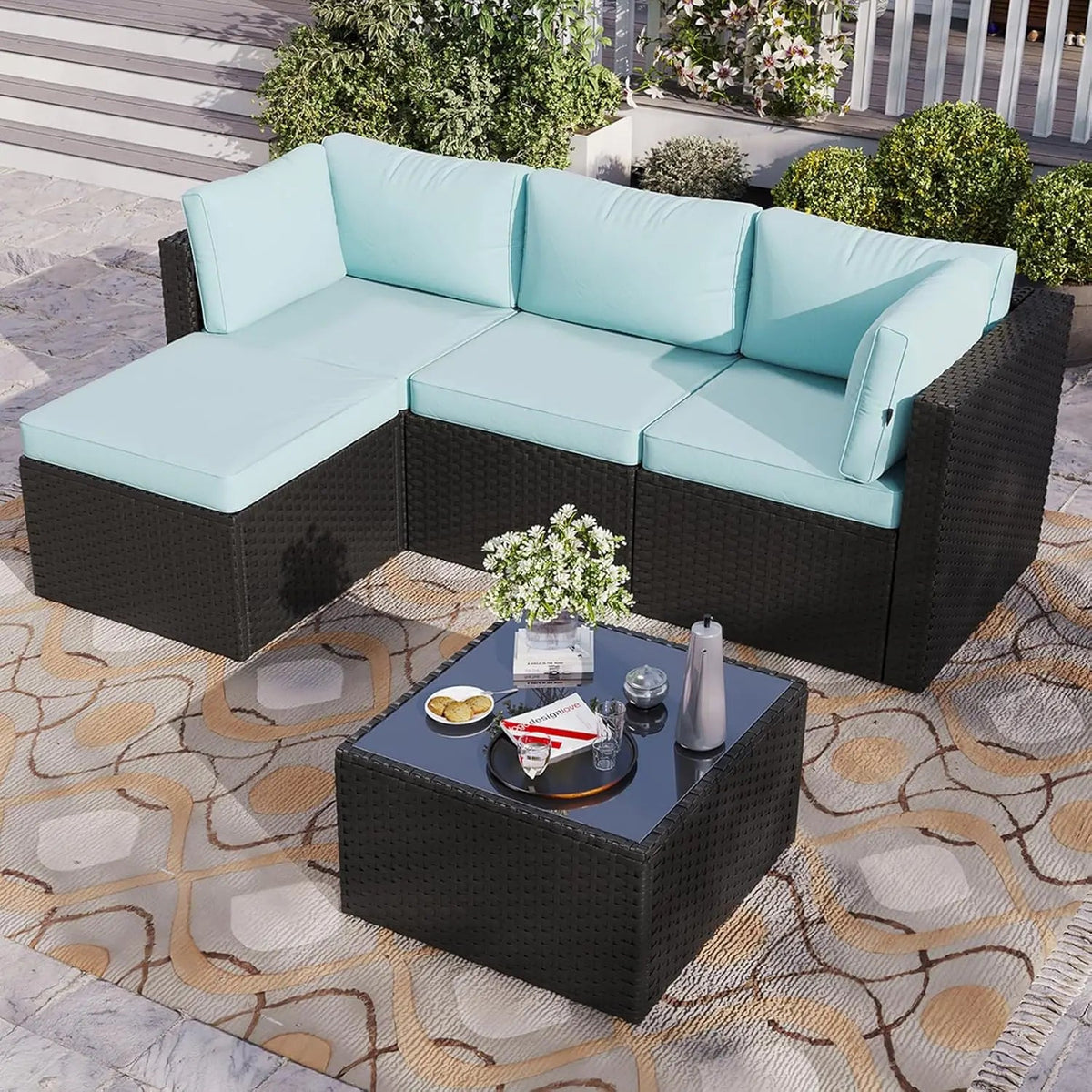 5-Piece Wicker Rattan Patio Sectional Sofa Set with Washable Cushions - Velvet Haven