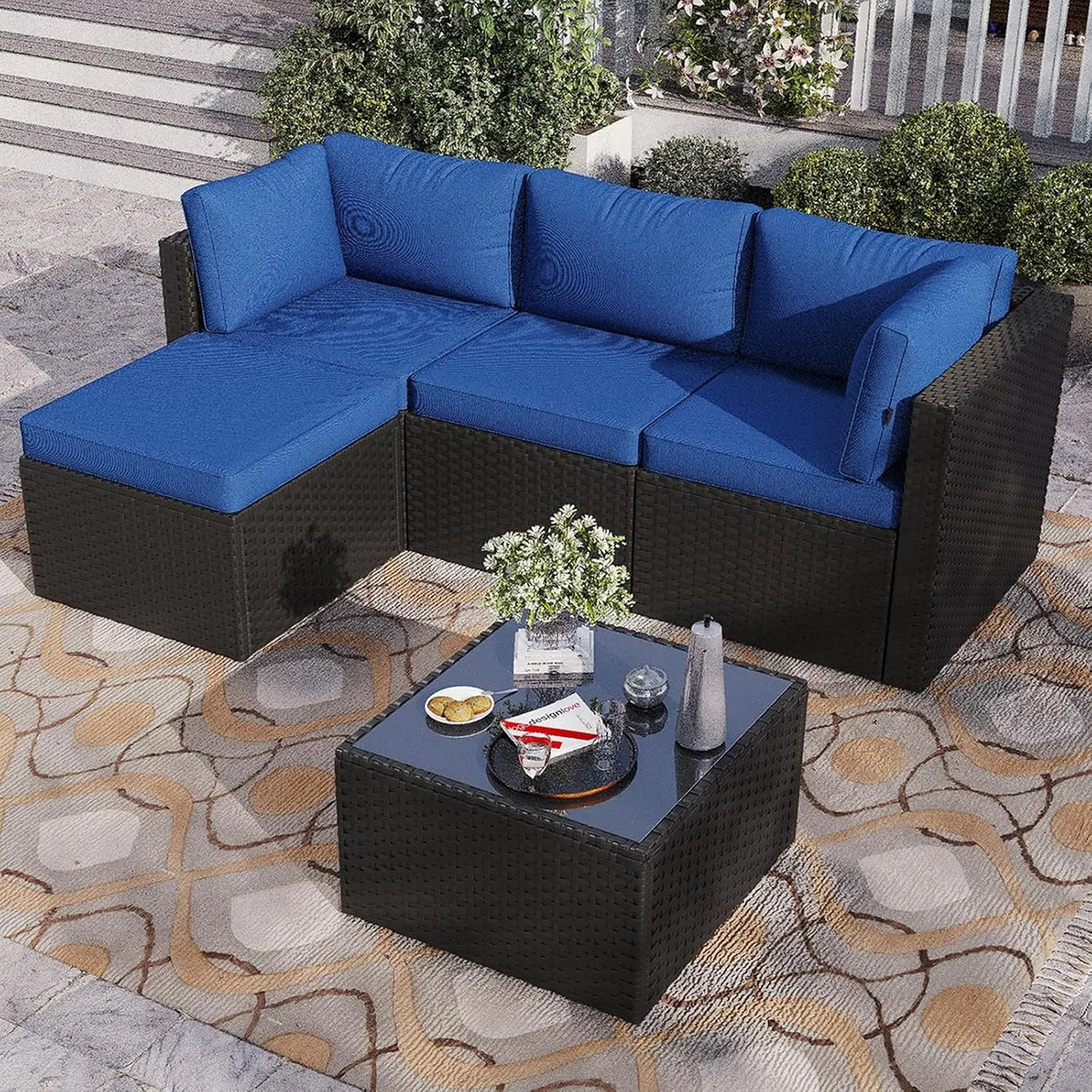 5-Piece Wicker Rattan Patio Sectional Sofa Set with Washable Cushions - Velvet Haven