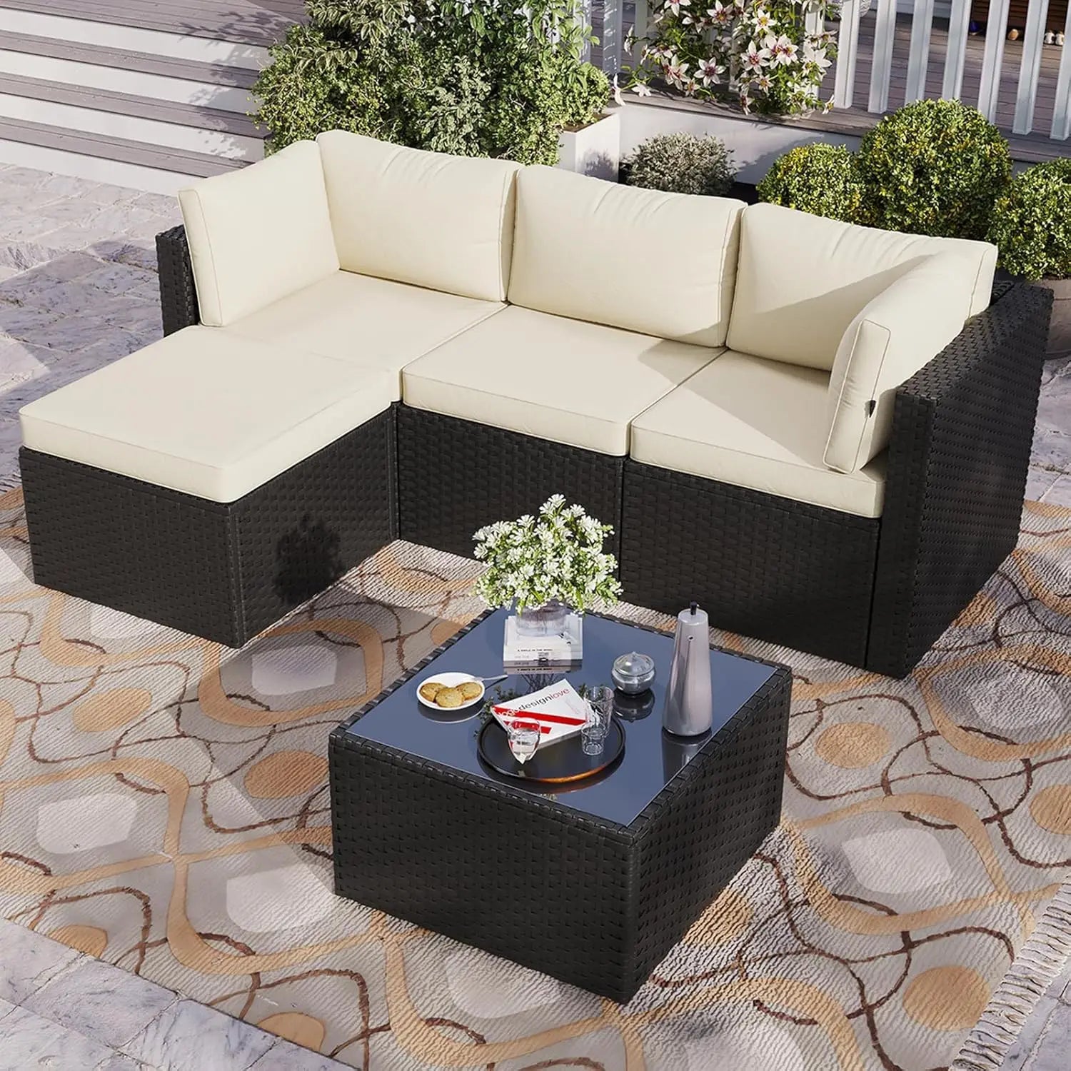 5-Piece Wicker Rattan Patio Sectional Sofa Set with Washable Cushions - Velvet Haven
