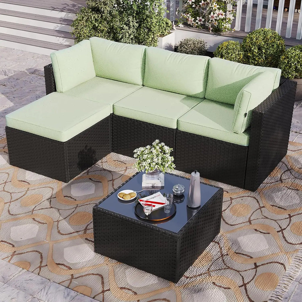 5-Piece Wicker Rattan Patio Sectional Sofa Set with Washable Cushions - Velvet Haven
