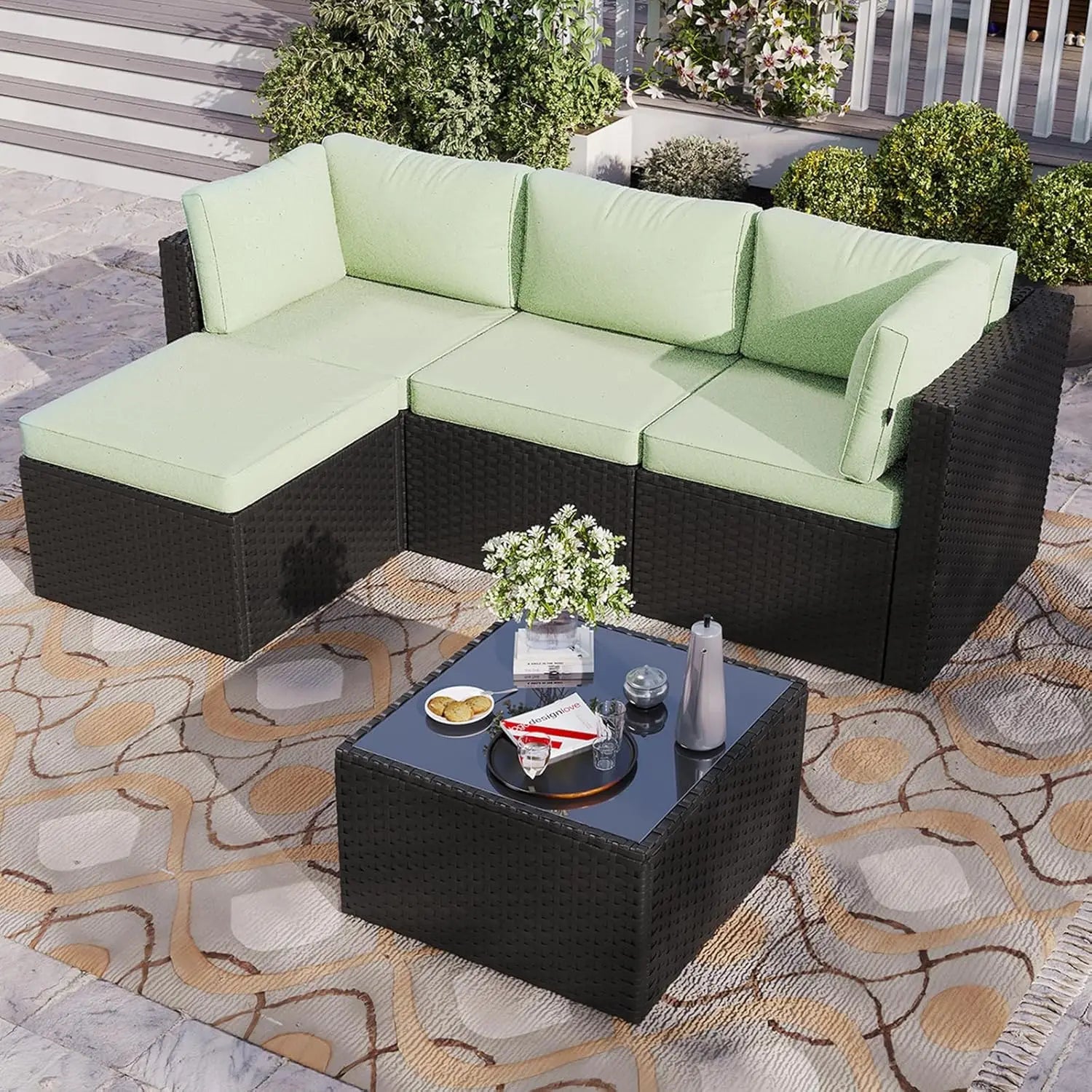 5-Piece Wicker Rattan Patio Sectional Sofa Set with Washable Cushions - Velvet Haven