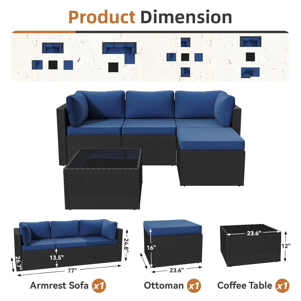 5-Piece Wicker Rattan Patio Sectional Sofa Set with Washable Cushions - Velvet Haven