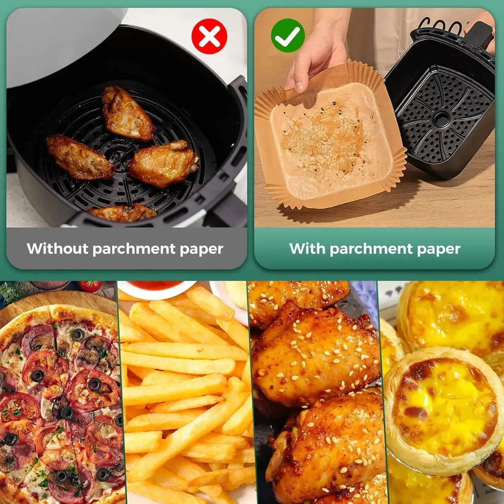 50/200PCS Kitchens Accessories Air Fryer Paper Kitchen Utensils Disposable Square Round Pastry Molds BBQ Plate Non-stick Pad - Velvet Haven
