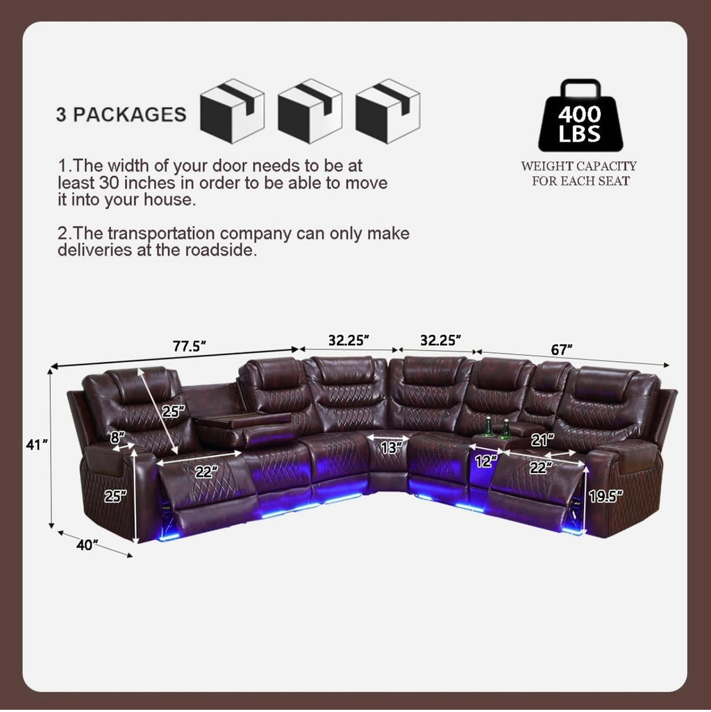 Power Recliner Sectional Sofa with LED Lighting Dark Brown