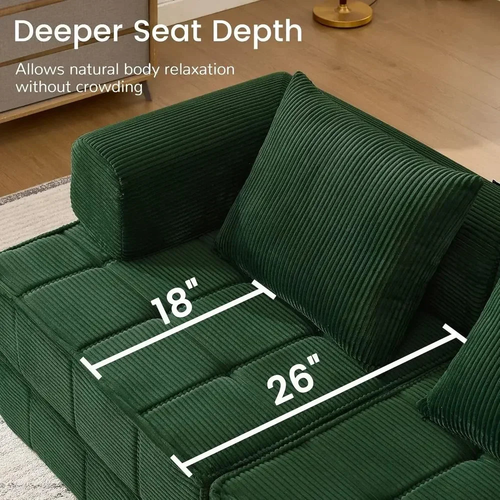 Modern 6-in-1 convertible corduroy sleeper sofa bed with two pillows in foldable loveseat design