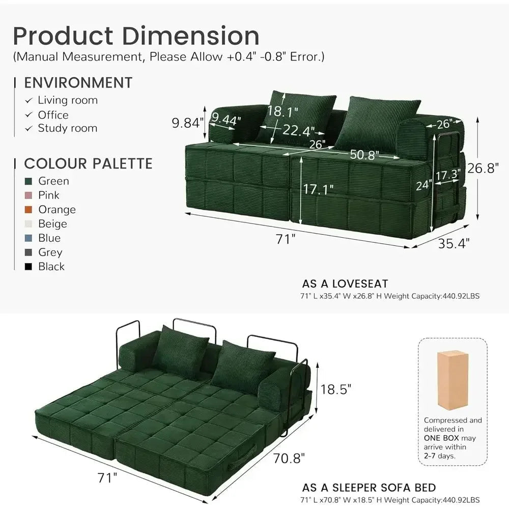 Modern 6-in-1 convertible corduroy sleeper sofa bed with two pillows in foldable loveseat design