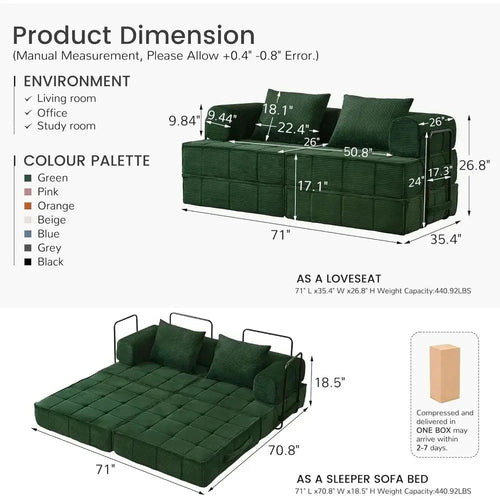 Modern 6-in-1 convertible corduroy sleeper sofa bed with two pillows in foldable loveseat design
