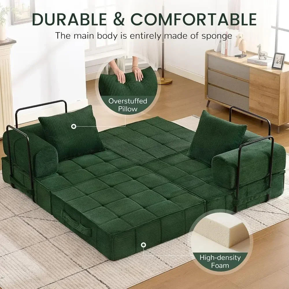 Modern 6-in-1 convertible corduroy sleeper sofa bed with two pillows in foldable loveseat design