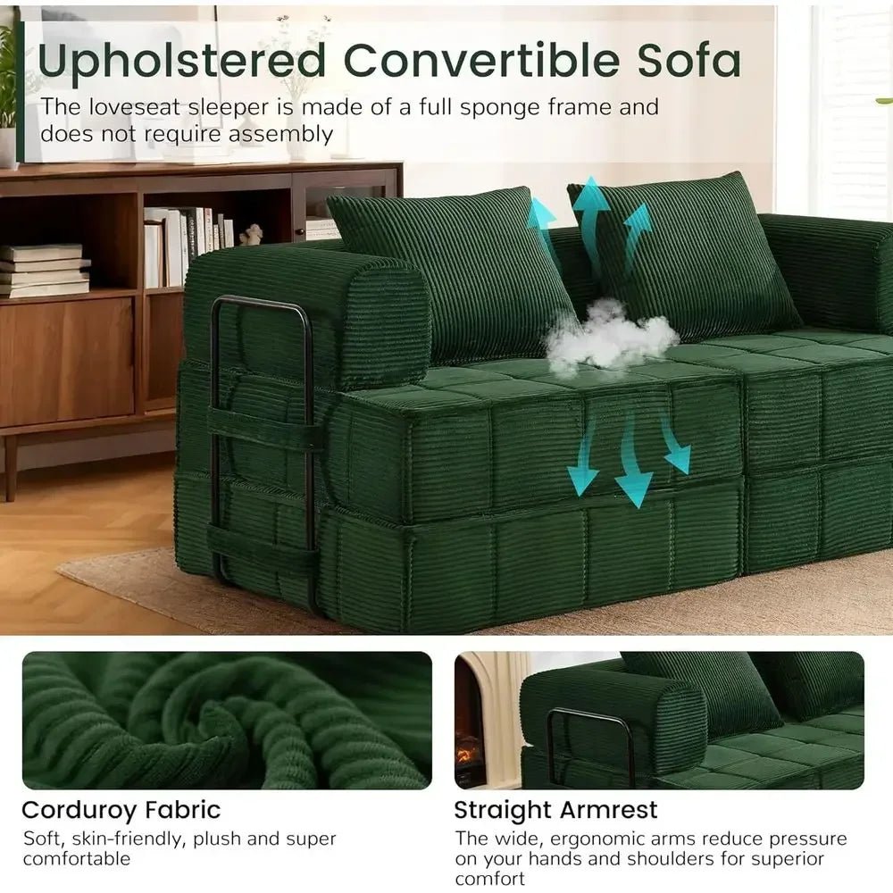 Modern 6-in-1 convertible corduroy sleeper sofa bed with two pillows in foldable loveseat design