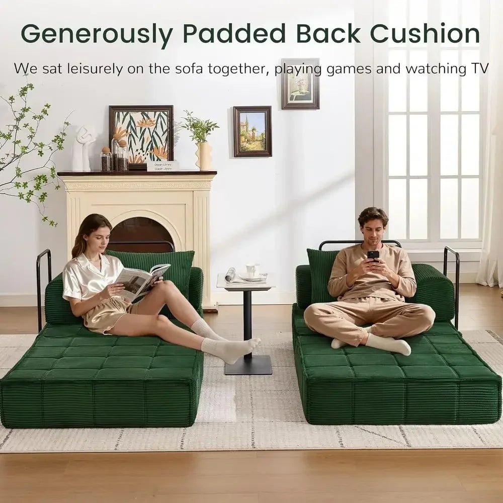 Modern 6-in-1 convertible corduroy sleeper sofa bed with two pillows in foldable loveseat design