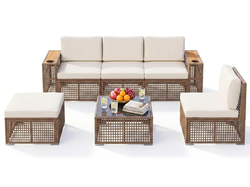 6-Piece PE Wicker Patio Sectional Sofa Set with Cup Holders - Velvet Haven