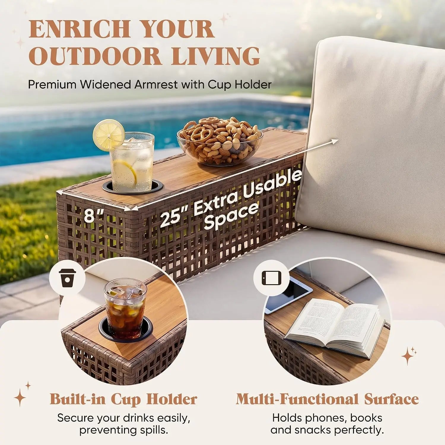 6-Piece PE Wicker Patio Sectional Sofa Set with Cup Holders - Velvet Haven