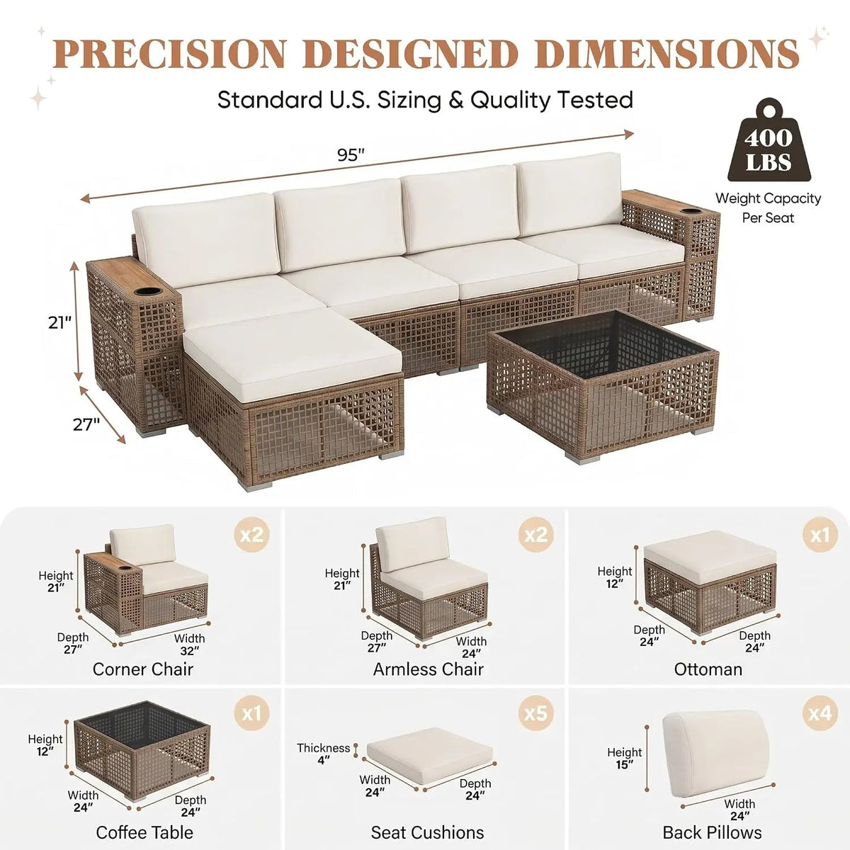 6-Piece PE Wicker Patio Sectional Sofa Set with Cup Holders - Velvet Haven