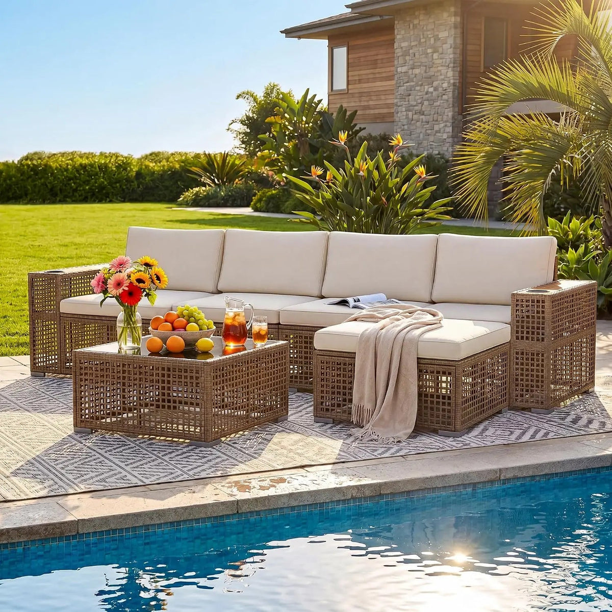6-Piece PE Wicker Patio Sectional Sofa Set with Cup Holders - Velvet Haven