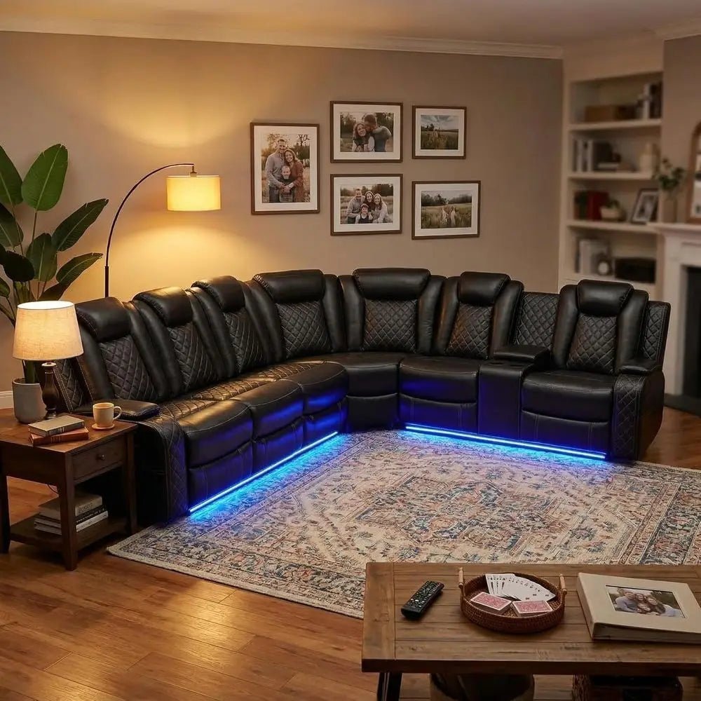 6-Seater Black Curved Leather Sectional Sofa Set with LED Lights, Cup Holders & Storage for Home Theater - Velvet Haven