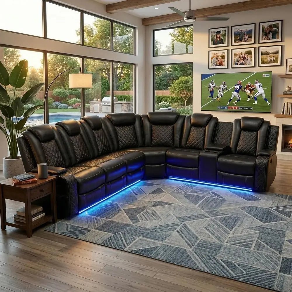 6-Seater Black Curved Leather Sectional Sofa Set with LED Lights, Cup Holders & Storage for Home Theater - Velvet Haven
