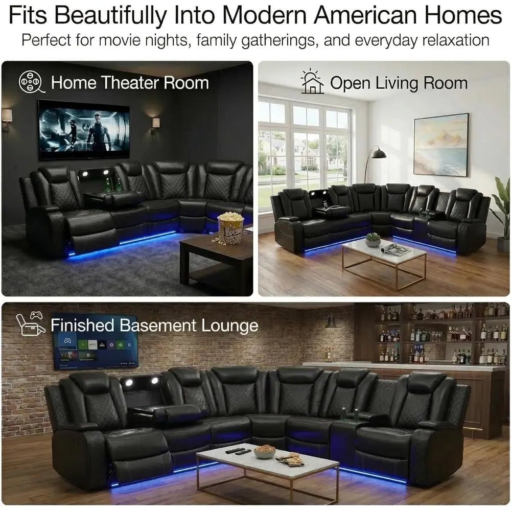 6-Seater Black Curved Leather Sectional Sofa Set with LED Lights, Cup Holders & Storage for Home Theater - Velvet Haven