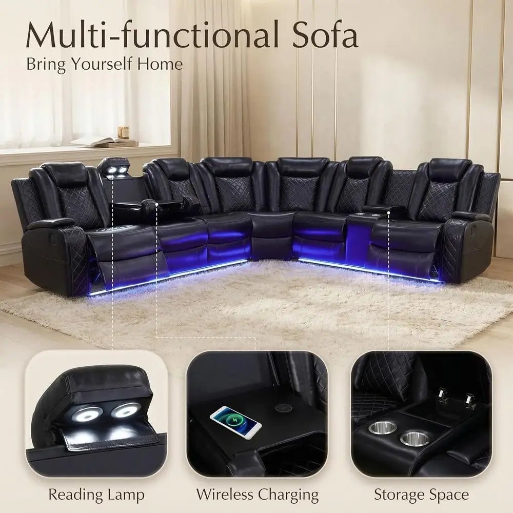 6-Seater Black Curved Leather Sectional Sofa Set with LED Lights, Cup Holders & Storage for Home Theater - Velvet Haven