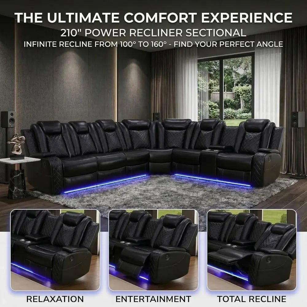 6-Seater Black Curved Leather Sectional Sofa Set with LED Lights, Cup Holders & Storage for Home Theater - Velvet Haven