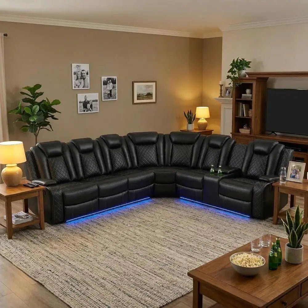 6-Seater Black Curved Leather Sectional Sofa Set with LED Lights, Cup Holders & Storage for Home Theater - Velvet Haven