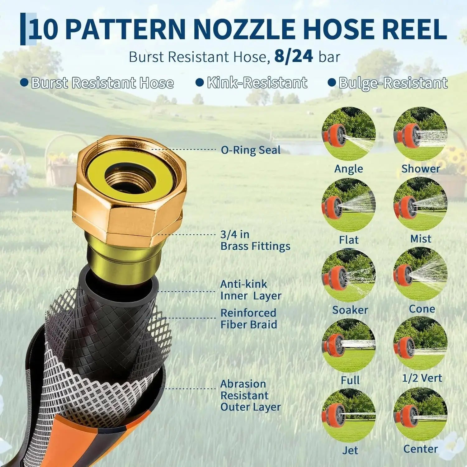 65FT/100FT Retractable Garden Hose Reel, 1/2" in Mesh PVC Water Hose Reels with 10-Function Spray Nozzle, Automatic Slow Retraction System, Any Length Lock for Garden, Yard & Outdoor Watering - Velvet Haven