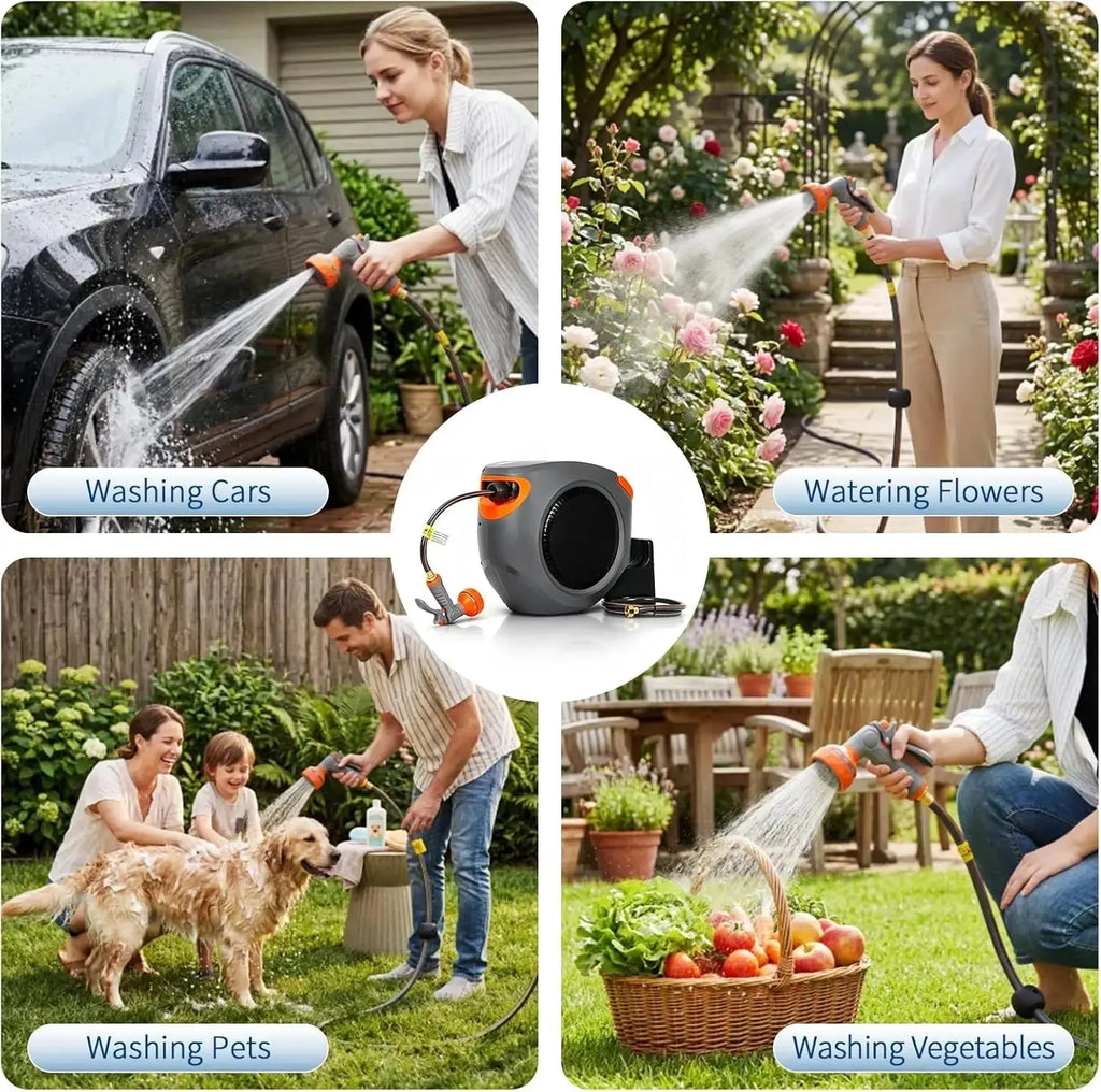 65FT/100FT Retractable Garden Hose Reel, 1/2" in Mesh PVC Water Hose Reels with 10-Function Spray Nozzle, Automatic Slow Retraction System, Any Length Lock for Garden, Yard & Outdoor Watering - Velvet Haven
