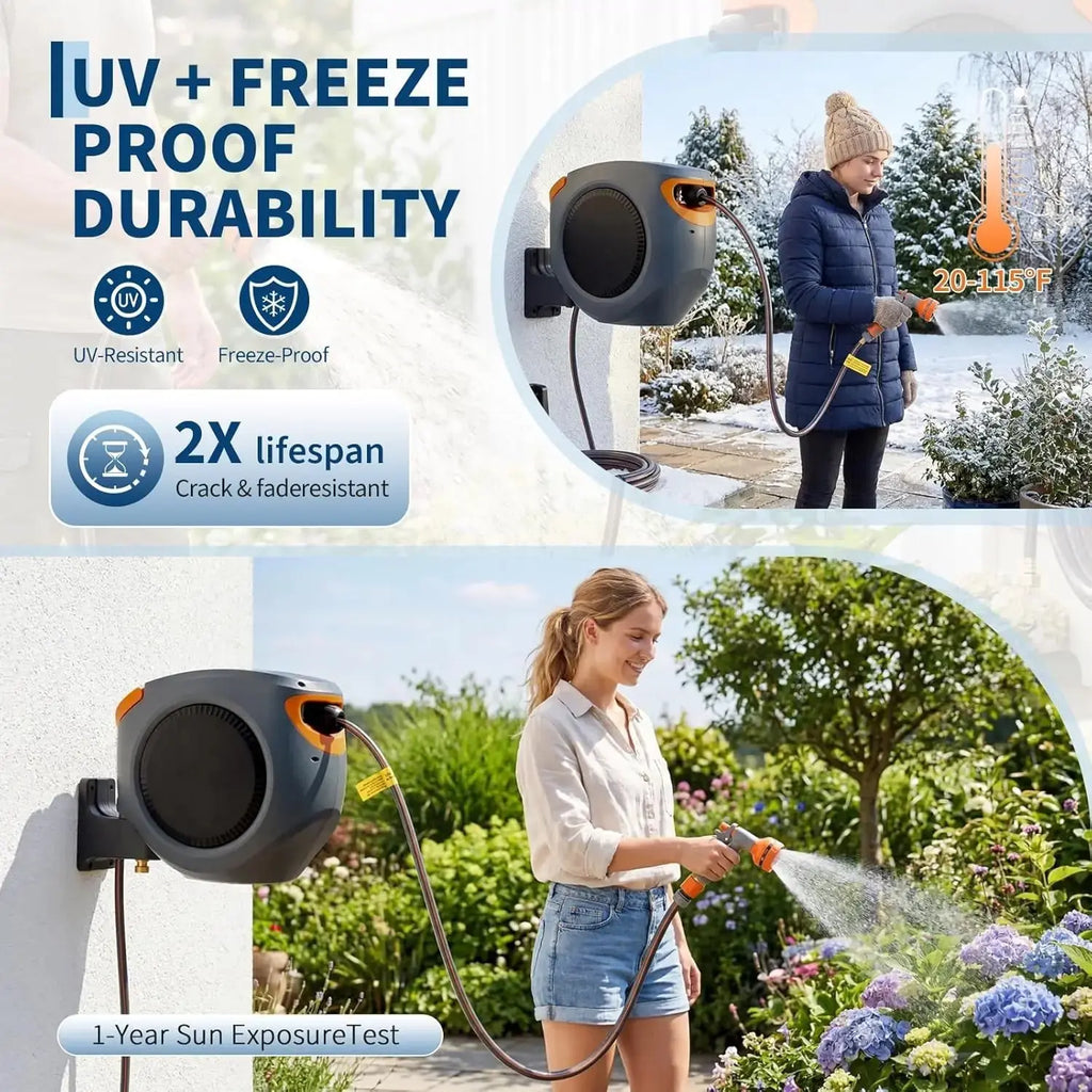 65FT/100FT Retractable Garden Hose Reel, 1/2" in Mesh PVC Water Hose Reels with 10-Function Spray Nozzle, Automatic Slow Retraction System, Any Length Lock for Garden, Yard & Outdoor Watering - Velvet Haven
