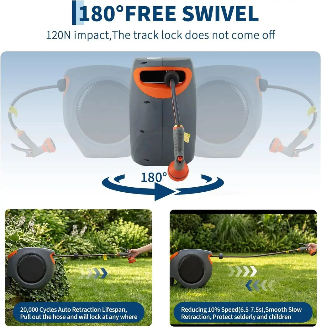 65FT/100FT Retractable Garden Hose Reel, 1/2" in Mesh PVC Water Hose Reels with 10-Function Spray Nozzle, Automatic Slow Retraction System, Any Length Lock for Garden, Yard & Outdoor Watering - Velvet Haven