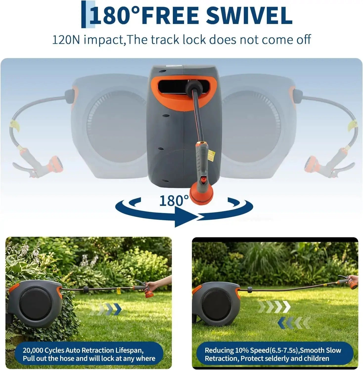 65FT/100FT Retractable Garden Hose Reel, 1/2" in Mesh PVC Water Hose Reels with 10-Function Spray Nozzle, Automatic Slow Retraction System, Any Length Lock for Garden, Yard & Outdoor Watering - Velvet Haven