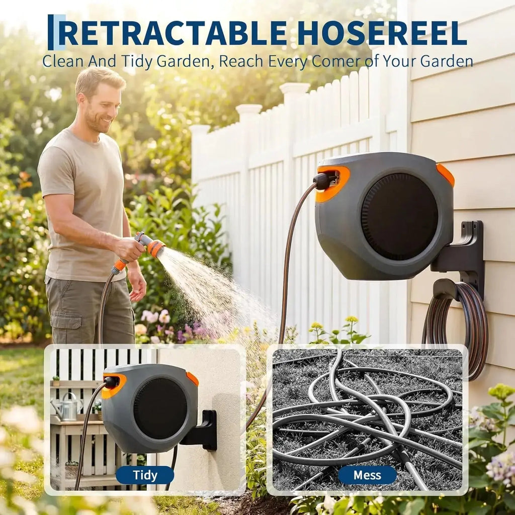 65FT/100FT Retractable Garden Hose Reel, 1/2" in Mesh PVC Water Hose Reels with 10-Function Spray Nozzle, Automatic Slow Retraction System, Any Length Lock for Garden, Yard & Outdoor Watering - Velvet Haven
