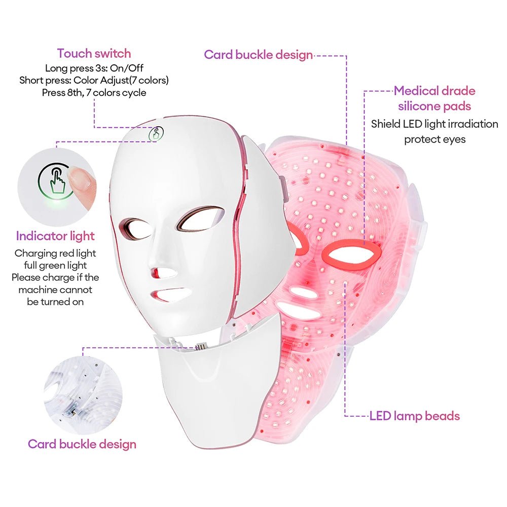 7 Colors LED Facial Mask with Neck LED Light Photon Mask Skin Rejuvenation Anti Acne Beauty Device Face Lifting Firm Massager - Velvet Haven