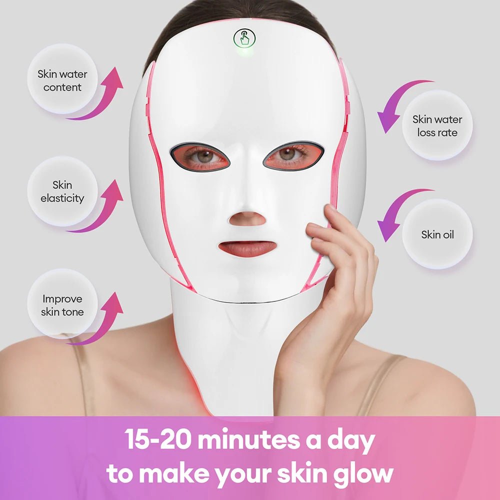 7 Colors LED Facial Mask with Neck LED Light Photon Mask Skin Rejuvenation Anti Acne Beauty Device Face Lifting Firm Massager - Velvet Haven